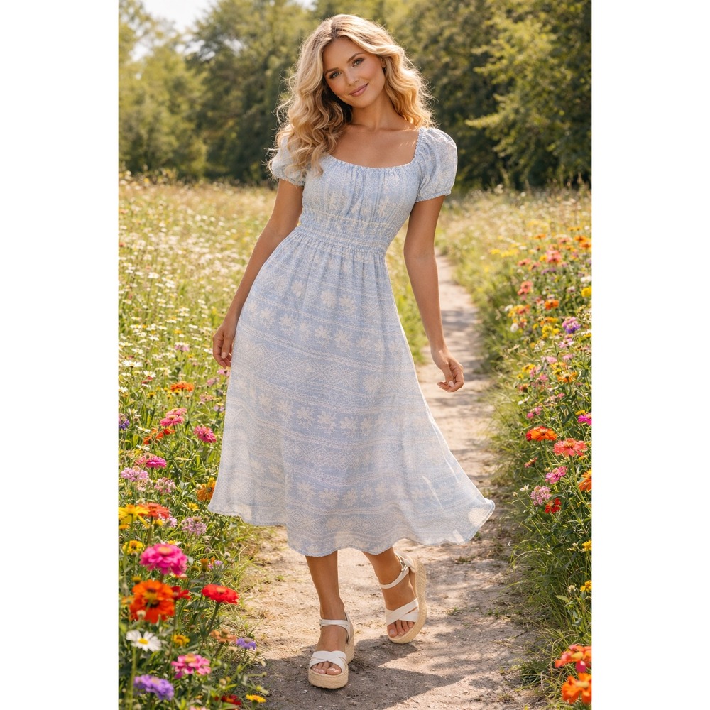 By The River Blue Milkmaid Babydoll Dress Size‎ S Puff Sleeve Floral Cottagecore